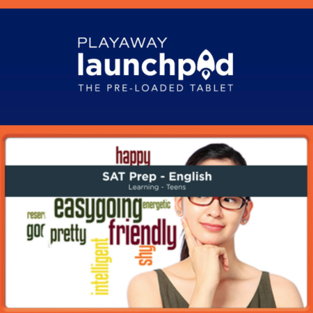A white playaway launchpad logo on a dark blue background, above an image of a person in a green top pondering a word cloud to her right