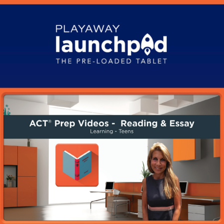 A white playaway launchpad logo on a dark blue background, above an image of a woman in a virtual classroom, with an open book icon