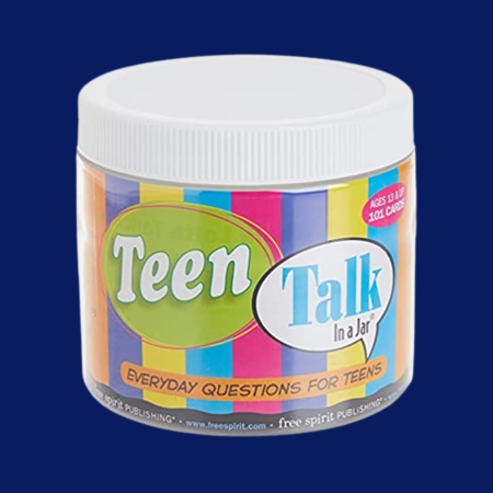 A plastic jar with a white lid. The label features vertical stripes of different colors, and text reads Teen Talk in a Jar, everyday questions for teens