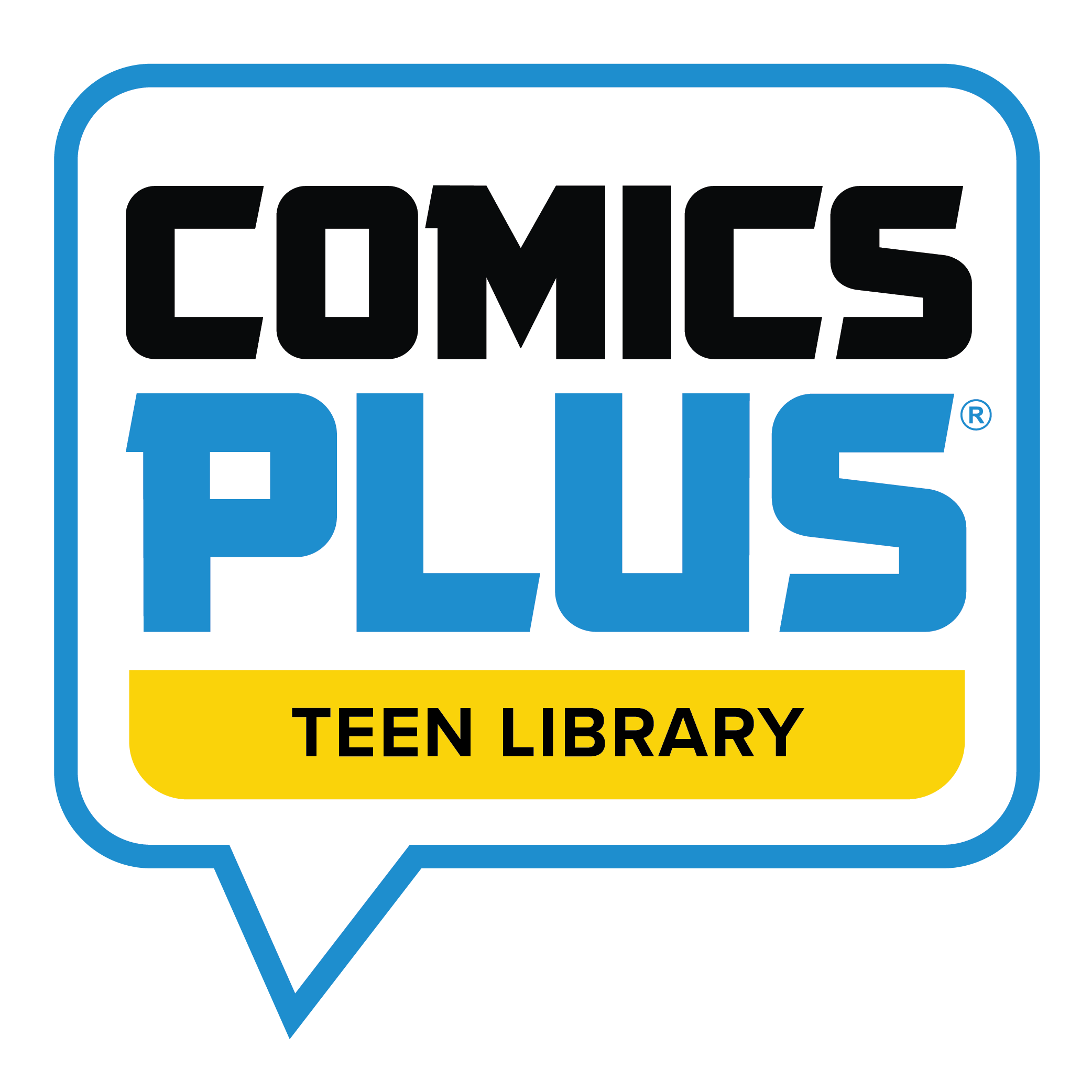 Comics Plus Teen Library logo, stylized to look like a comic book speech bubble