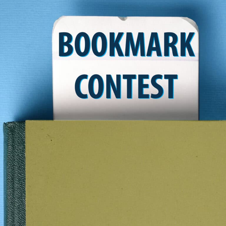 A blue poster with the words," Bookmark Contest" written in blue on a white bookmark. Below that there's a green notepad.
