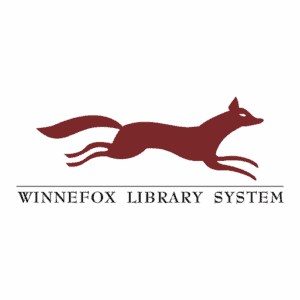 Logo for Winnefox Library System, which is an animated solid brown/red fox. There is a thin black line and then "Winnefox Library System" in black lettering.