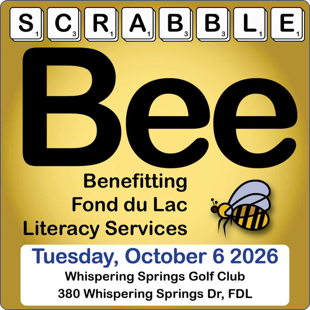Event graphic for a spelling bee-themed literacy fundraiser benefitting Fond du Lac Literacy Services, featuring details for the Tuesday, October 6, 2026 event at Whispering Springs Golf Club, 380 Whispering Springs Dr, FDL
