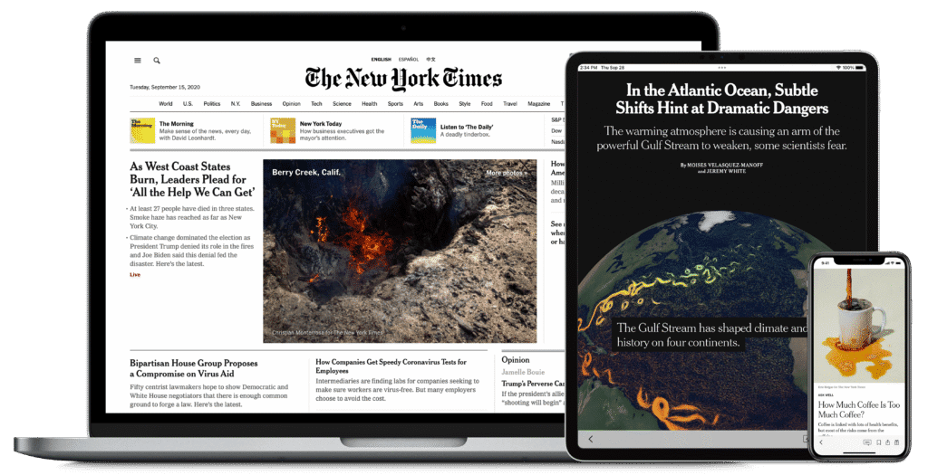 Image of New York TImes pages on a laptop, tablet, and phone.
