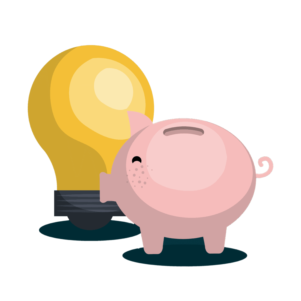 A yellow light bulb and pink piggy bank