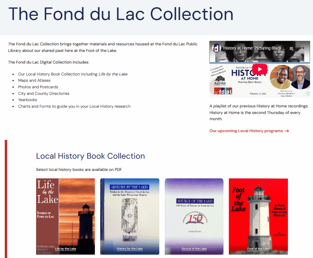 A screenshot of a web page titled The Fond du Lac Collection with a link to a YouTube video and several items in the Local History Book Collection