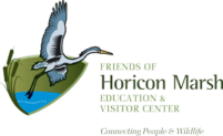 A logo with a bird taking flight and the words Friends of Hricon Marsh Education & Visitor Center - Connecting People and Wildlife