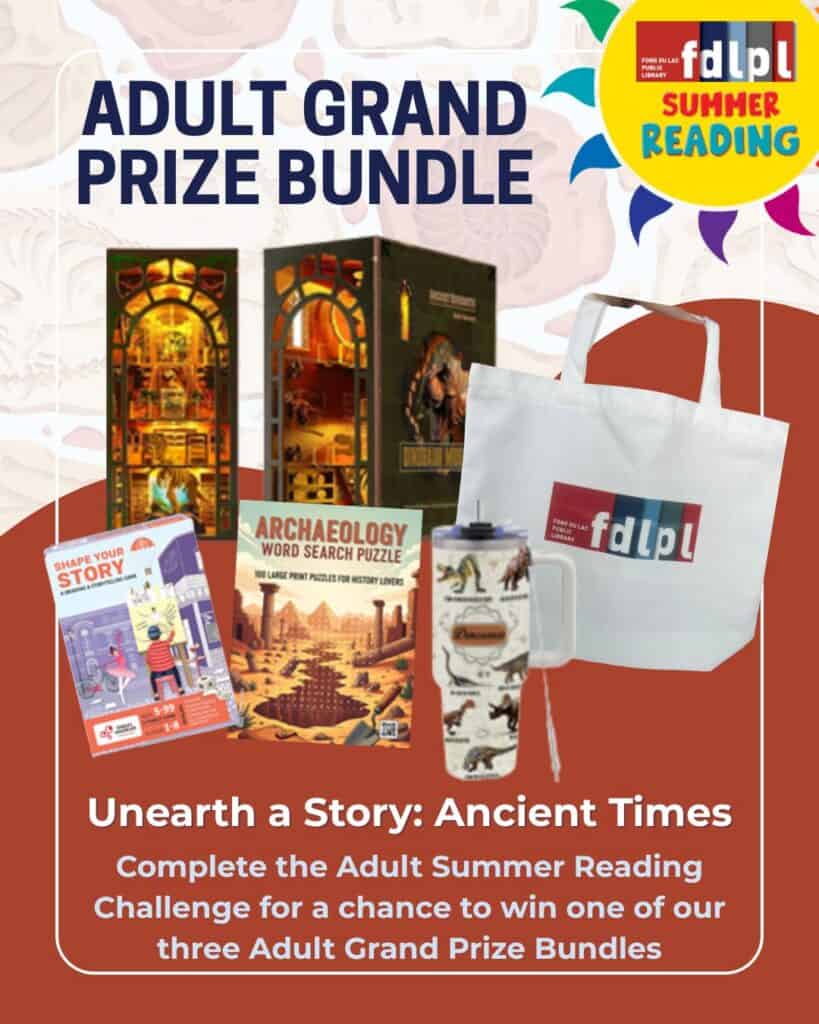 A graphic showing a series of prizes about "ancient times" such as books, a mug, and more. The graphic also reminds people to complete complete the summer reading challenge to be eligible for the prize.