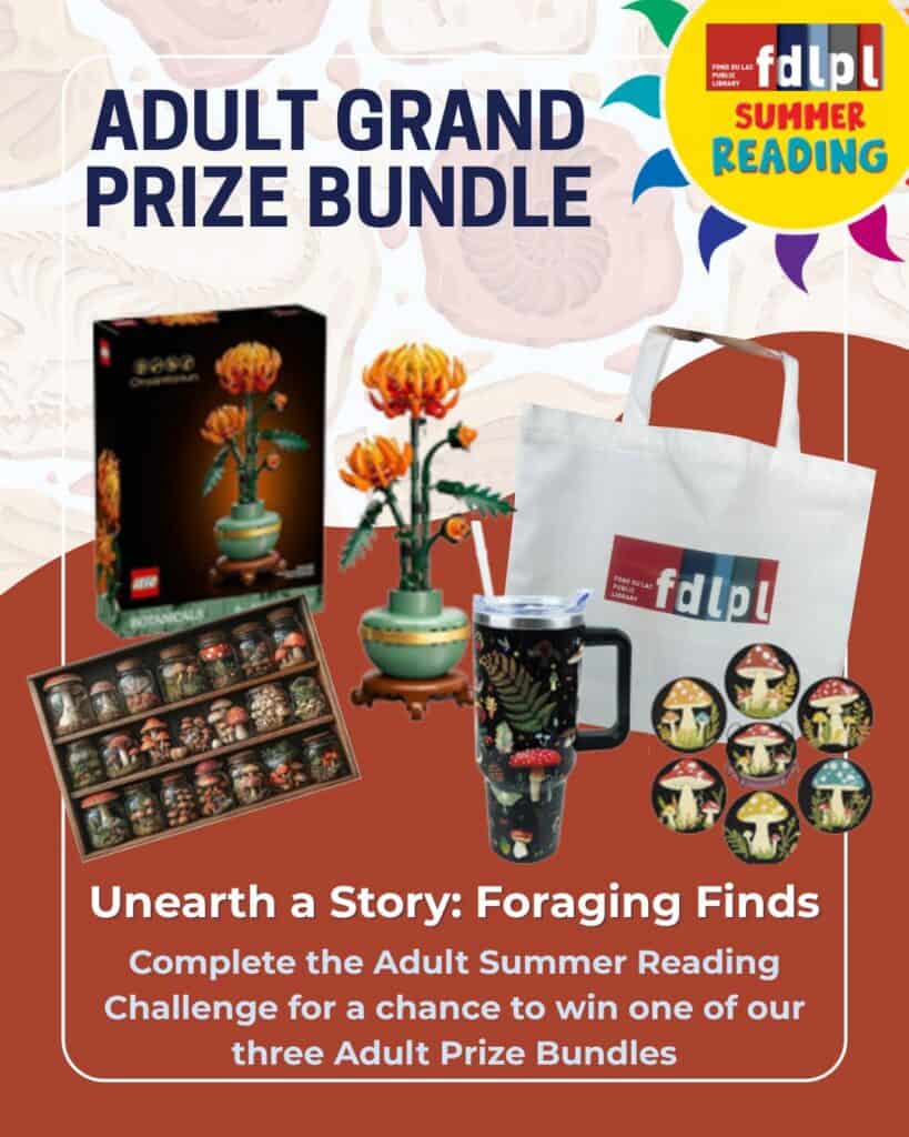 A graphic showing a series of prizes about foraging such as a buildable plant, a mug, and more. The graphic also reminds people to complete complete the summer reading challenge to be eligible for the prize.