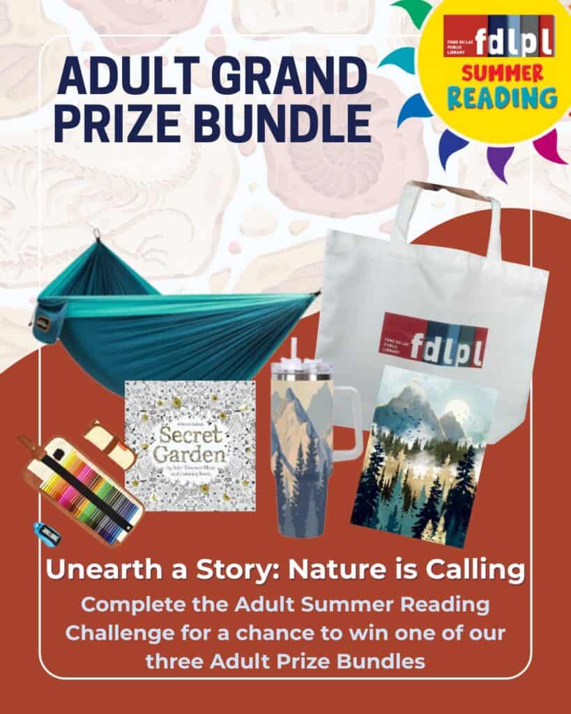 A graphic showing a series of prizes about nature such as a hammock, a mug, and more. The graphic also reminds people to complete complete the summer reading challenge to be eligible for the prize.