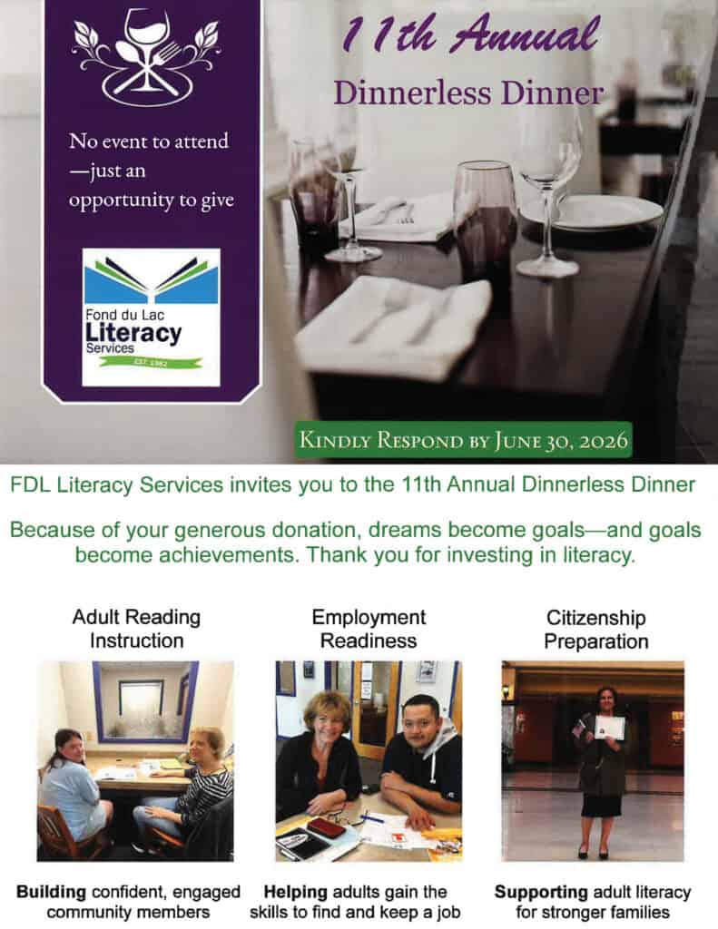 Composite image advertising the 11th Annual Dinnerless Dinner with a response required by June 30, 2026