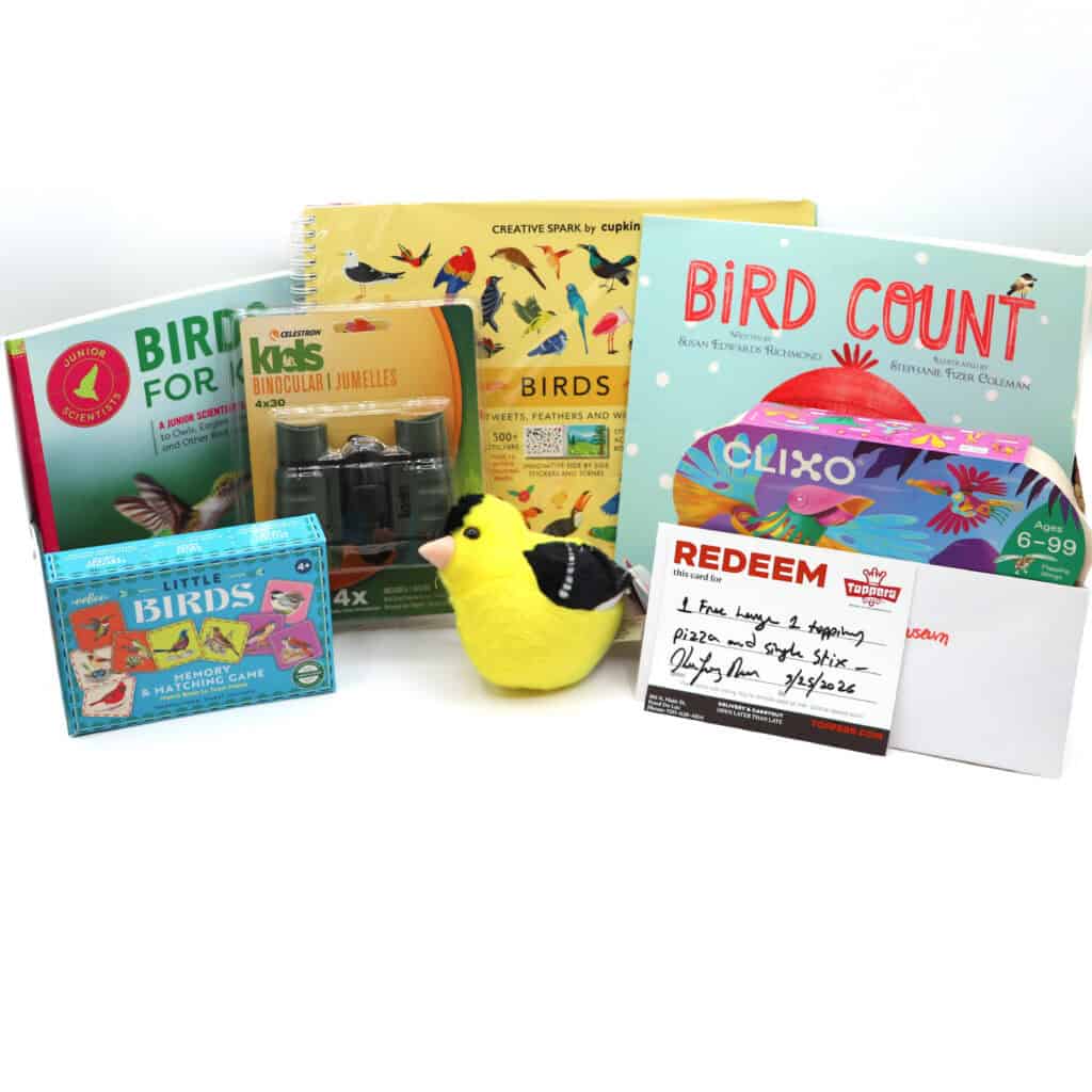 A series of books and puzzles about birds, including one stuffed bird and two gift cards