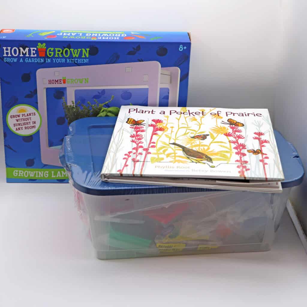 A series of gardening items for kids, including a book