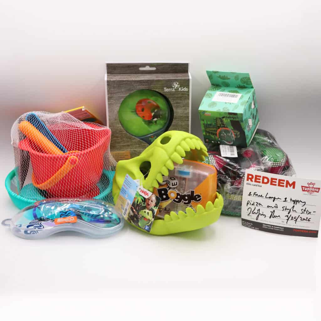 Several outdoor activity items, as well as a gift card