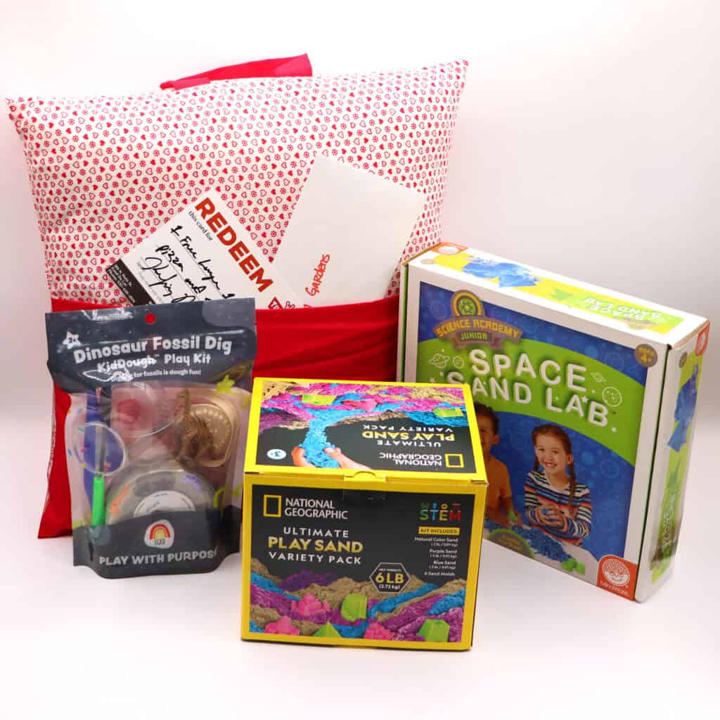 A pillow, two gift certificates, and several activities