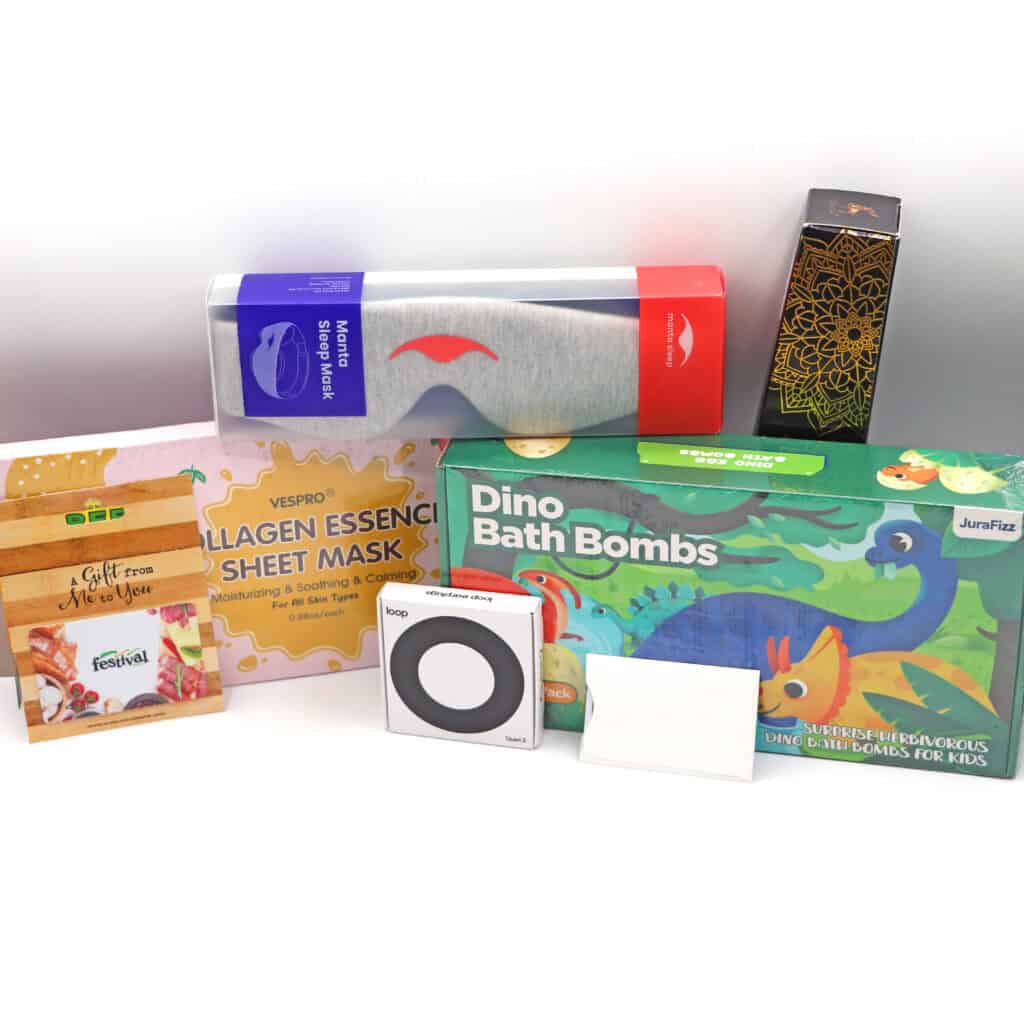 Self care items such as bath bombs, sheet mask, eye cover, and more.